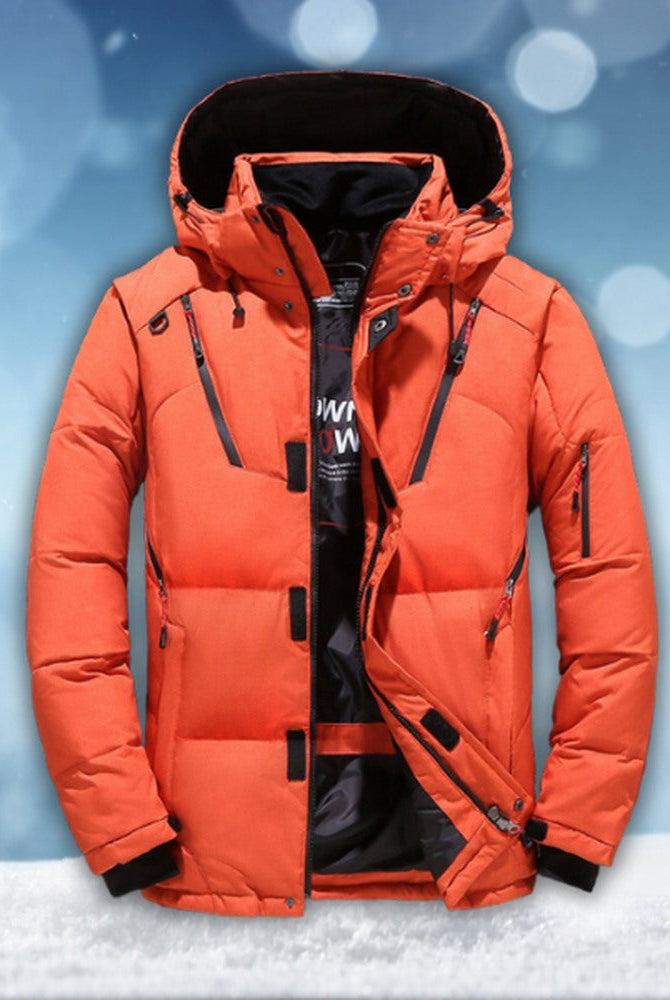 Orange padded jacket with detachable hood, shown on mannequin, snowy background | Chaps London