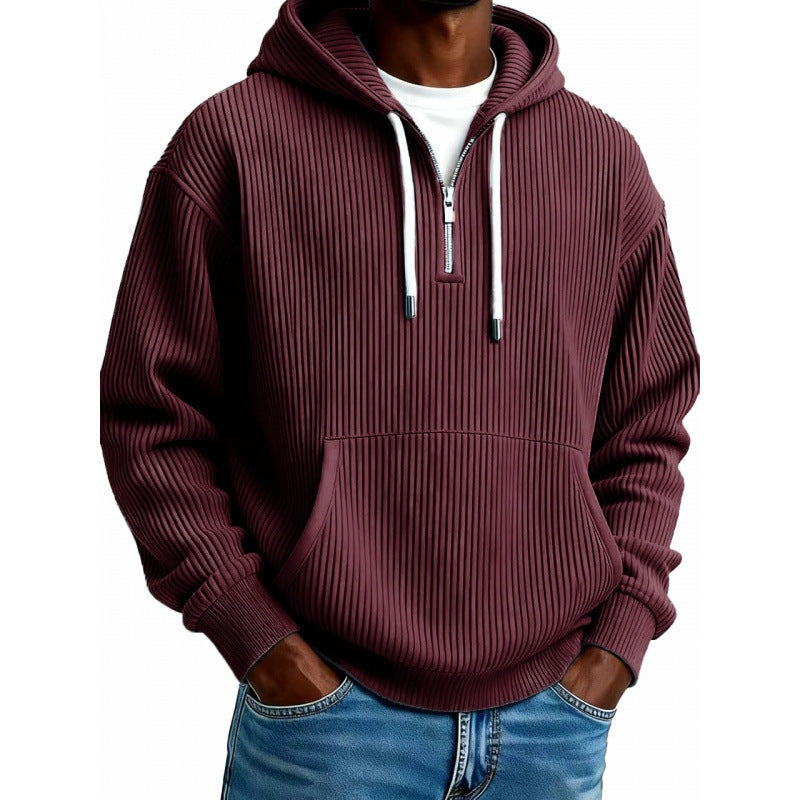 Burgundy ribbed half-zip hoodie worn by man with drawstrings | Chaps London