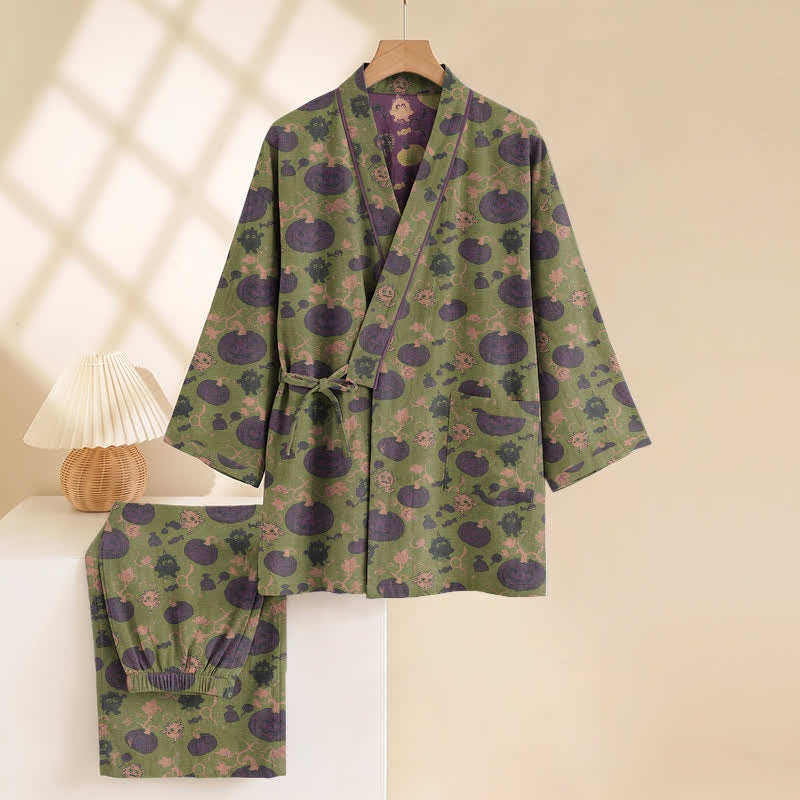 Green kimono pyjama set with purple pumpkin print, on hanger | Chaps London