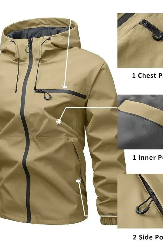 Khaki hooded rain jacket detail shot showing chest pocket, inner pocket, side pockets | Chaps London