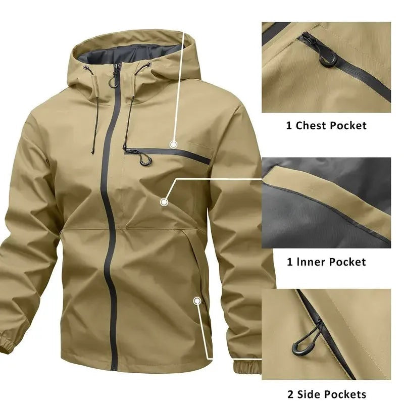 Khaki hooded rain jacket detail shot showing chest pocket, inner pocket, side pockets | Chaps London