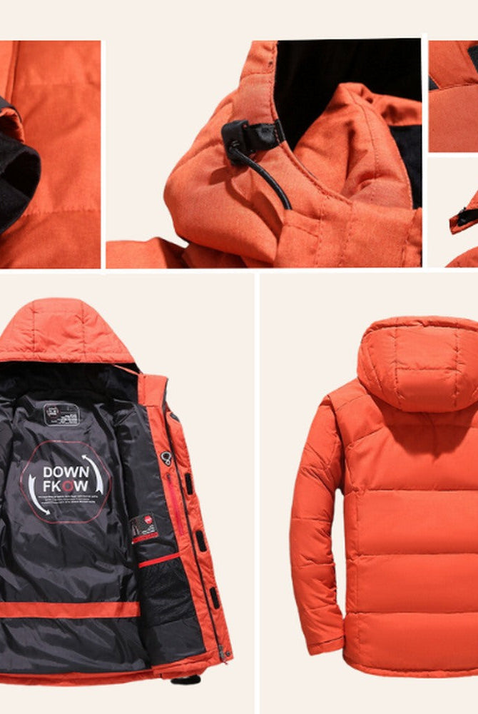 Orange padded jacket detail collage showing hood, cuff, collar, lining, and back view | Chaps London