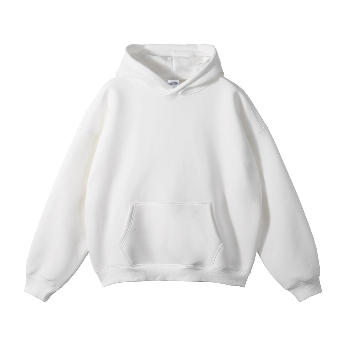 White oversized hoodie with kangaroo pocket, shown flat, front view | Chaps London