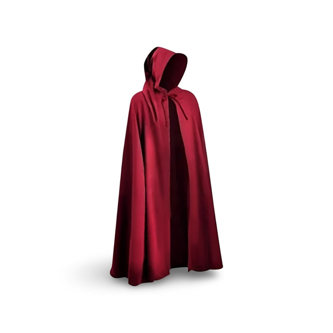 Dark red hooded cloak with tie closure, shown on mannequin | Chaps London