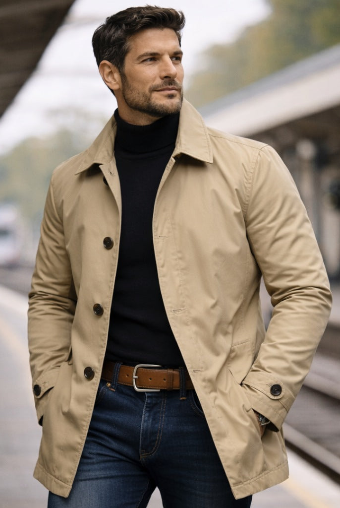 Man wearing beige button-front trench coat with black turtleneck on train platform | Chaps London
