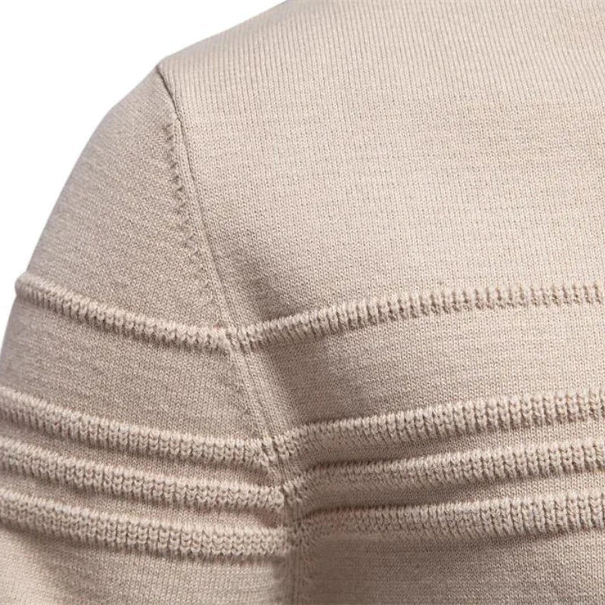 Close-up of beige knitted jumper shoulder with ribbed horizontal stripe detailing | Chaps London