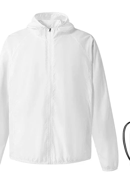 White packable hooded windbreaker jacket shown flat with matching storage pouch | Chaps London