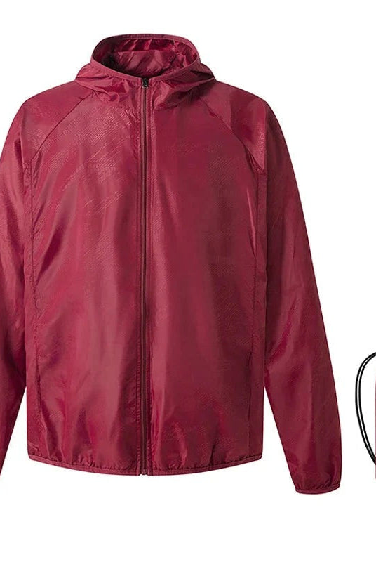 Red packable windbreaker jacket with hood, shown flat beside its matching storage pouch | Chaps London