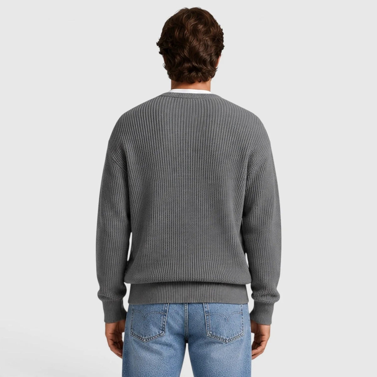 Gray ribbed knit crew neck sweater worn by man, back view | Chaps London