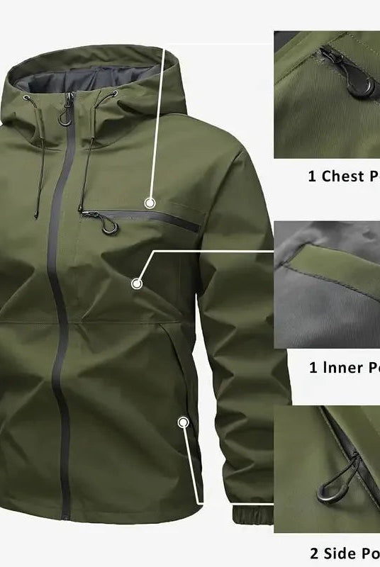 Green hooded rain jacket on mannequin, pocket detail close-ups shown separately | Chaps London