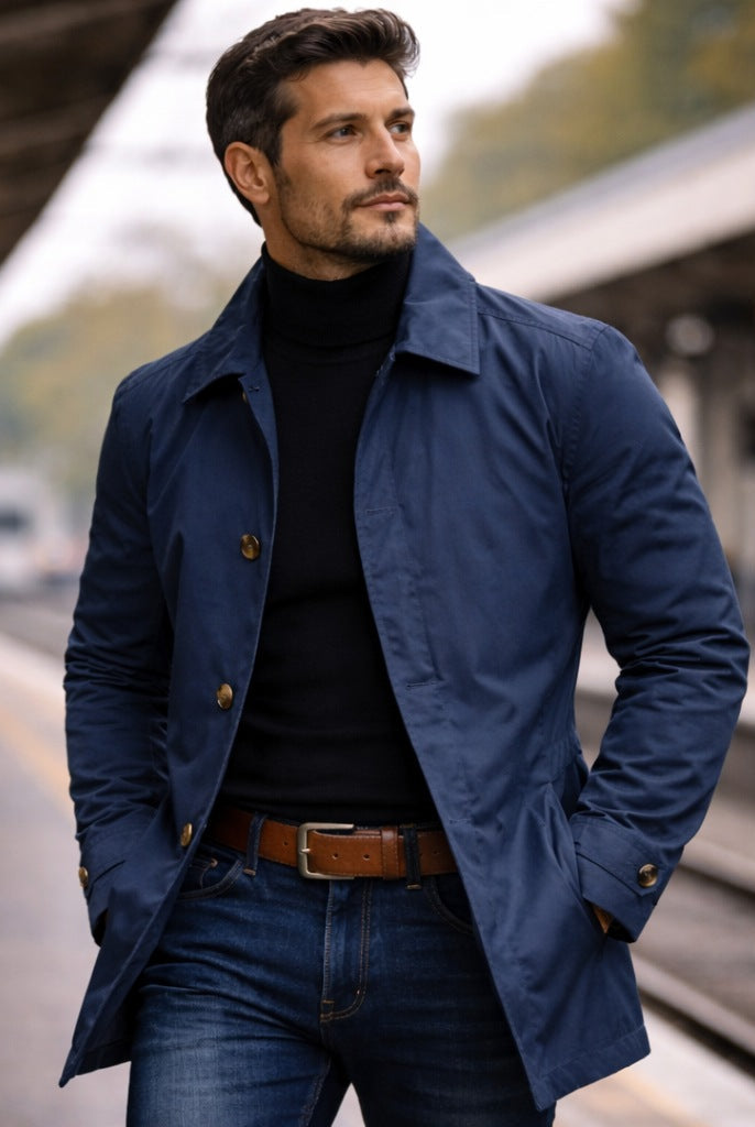 Man wearing navy button-front mac coat with black turtleneck on platform | Chaps London