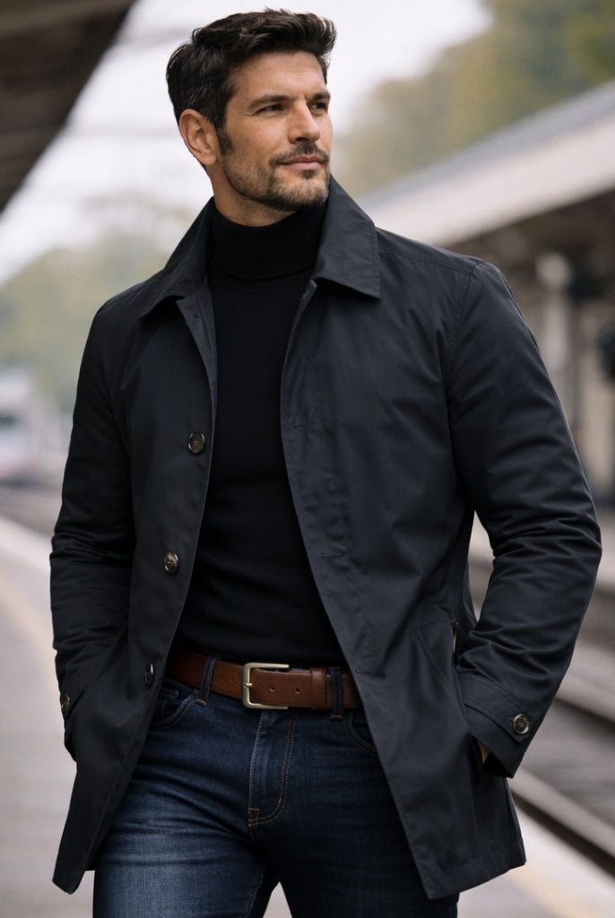 Man wearing navy button-front rain mac with black turtleneck at station | Chaps London
