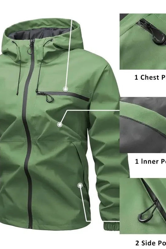 Green hooded rain jacket flat lay showing zipper pocket detail close-ups | Chaps London