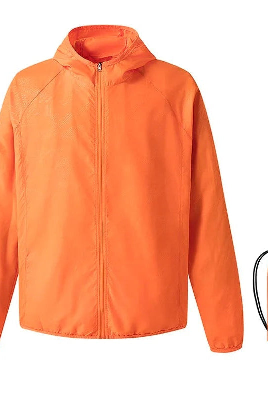 Orange lightweight hooded windbreaker jacket shown flat with matching packable storage pouch | Chaps London