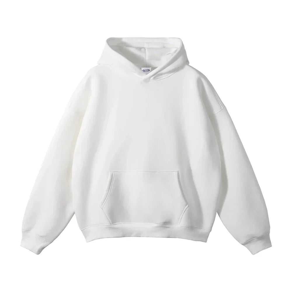 White pullover hoodie with kangaroo pocket, shown flat, front view | Chaps London