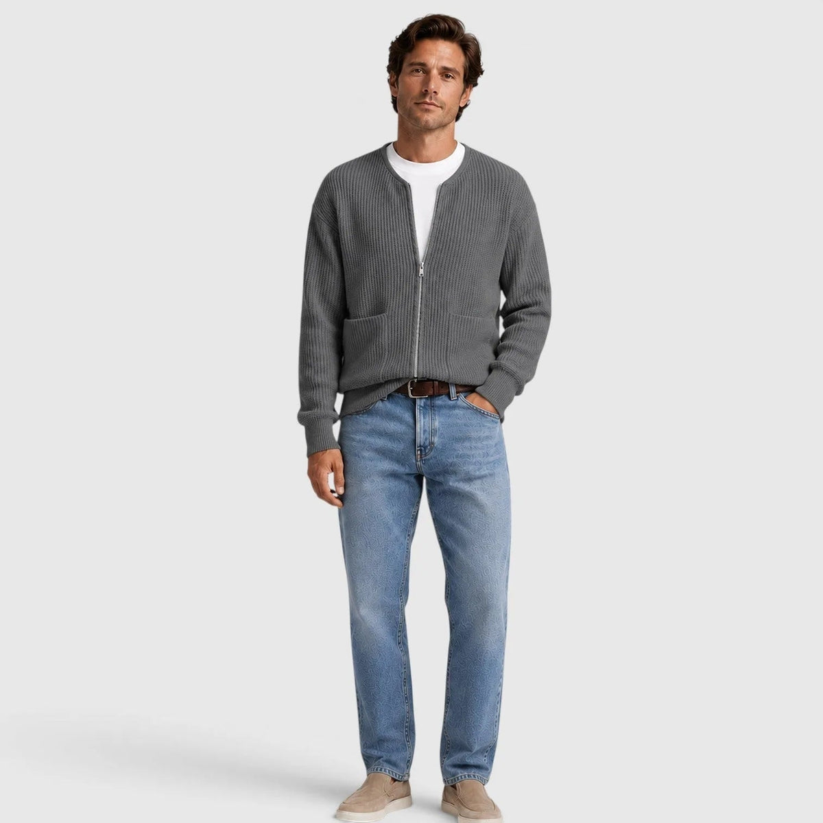 Man wearing gray zip cardigan with white shirt and blue jeans | Chaps London