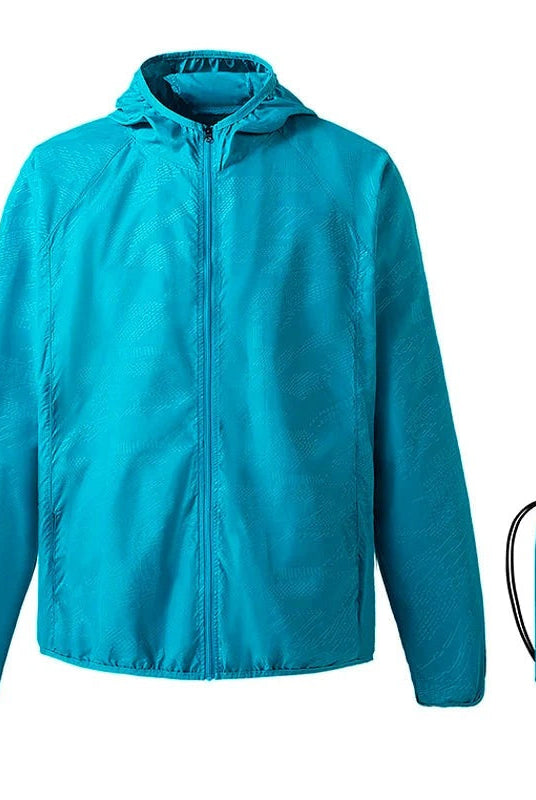 Turquoise hooded windbreaker jacket laid flat with matching packable storage pouch | Chaps London