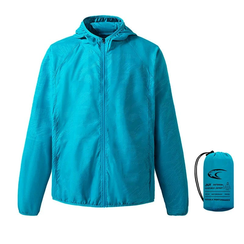 Turquoise hooded windbreaker jacket laid flat with matching packable storage pouch | Chaps London