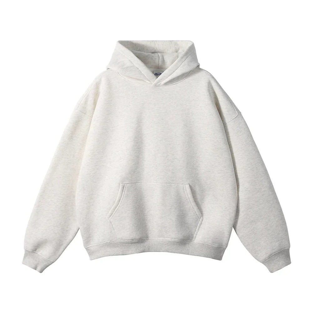Light gray pullover hoodie with kangaroo pocket, laid flat, front view | Chaps London