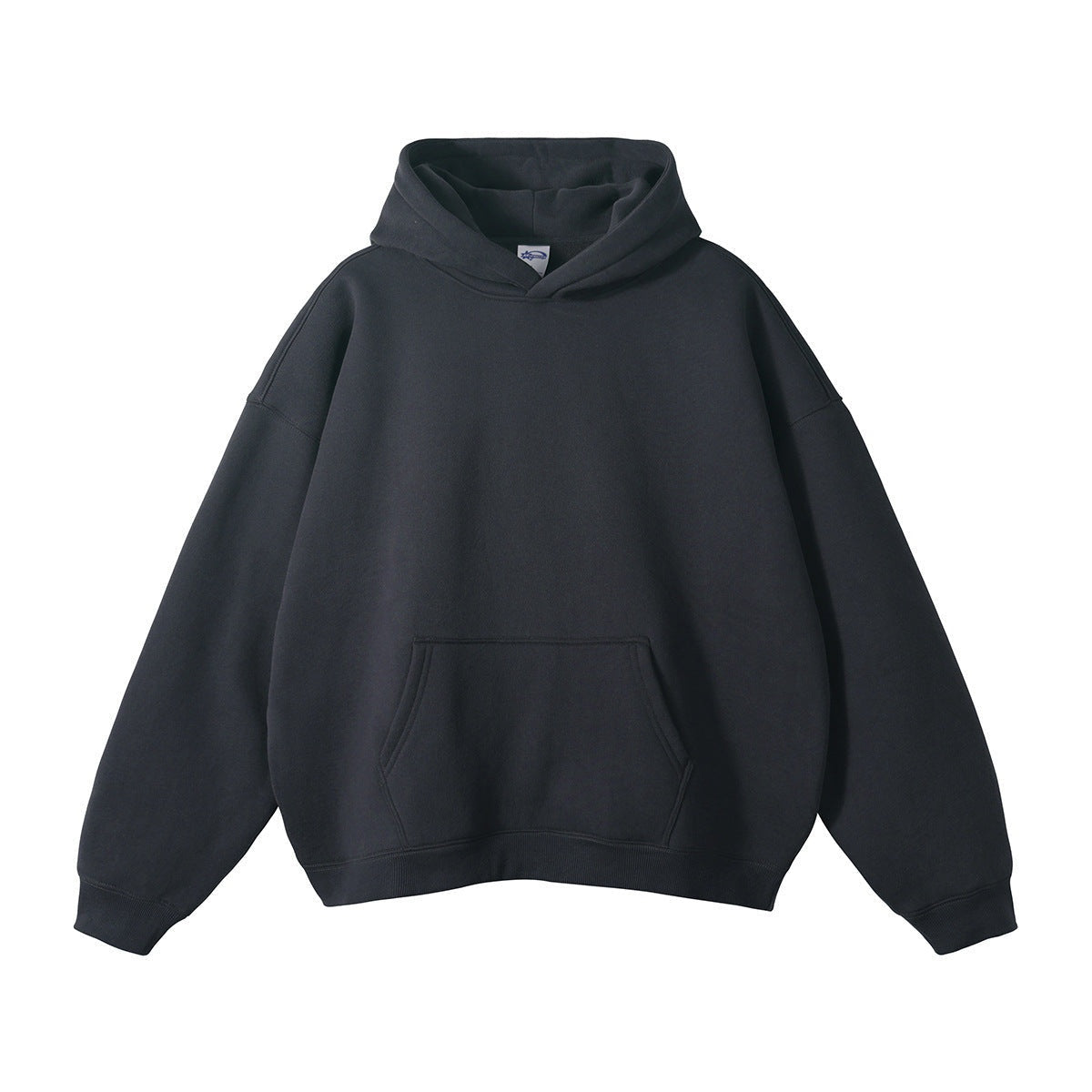 Black oversized hoodie with kangaroo pocket, shown flat, front view | Chaps London