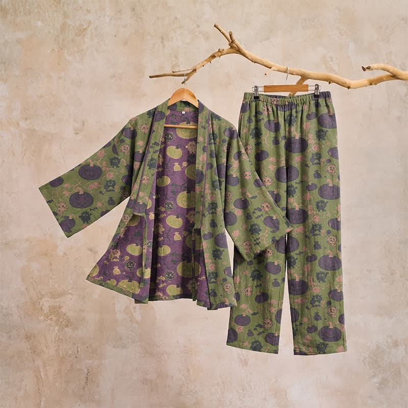 Green kimono robe and pants set with pumpkin print, hanging display | Chaps London