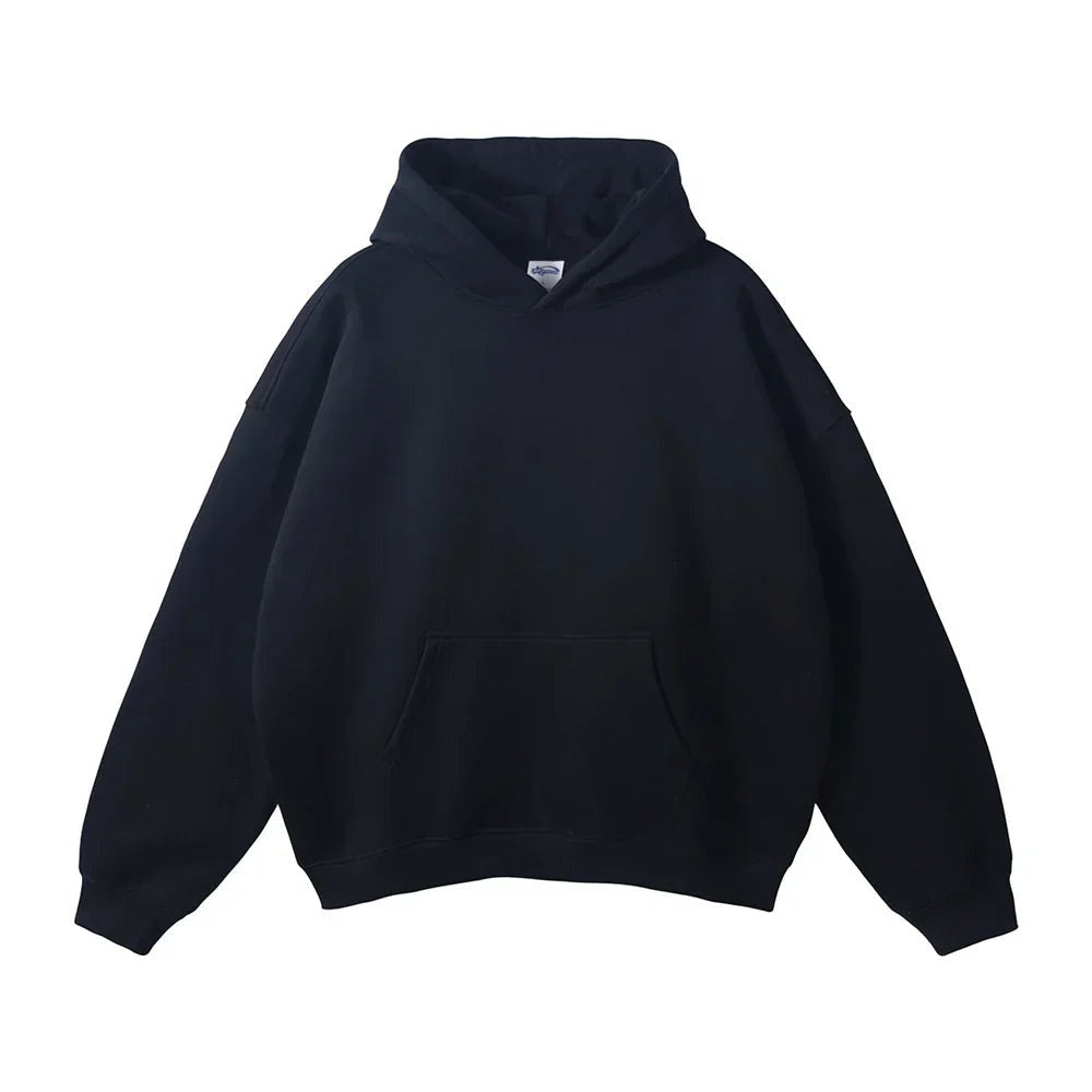 Black relaxed pullover hoodie with kangaroo pocket, flat lay product shot | Chaps London