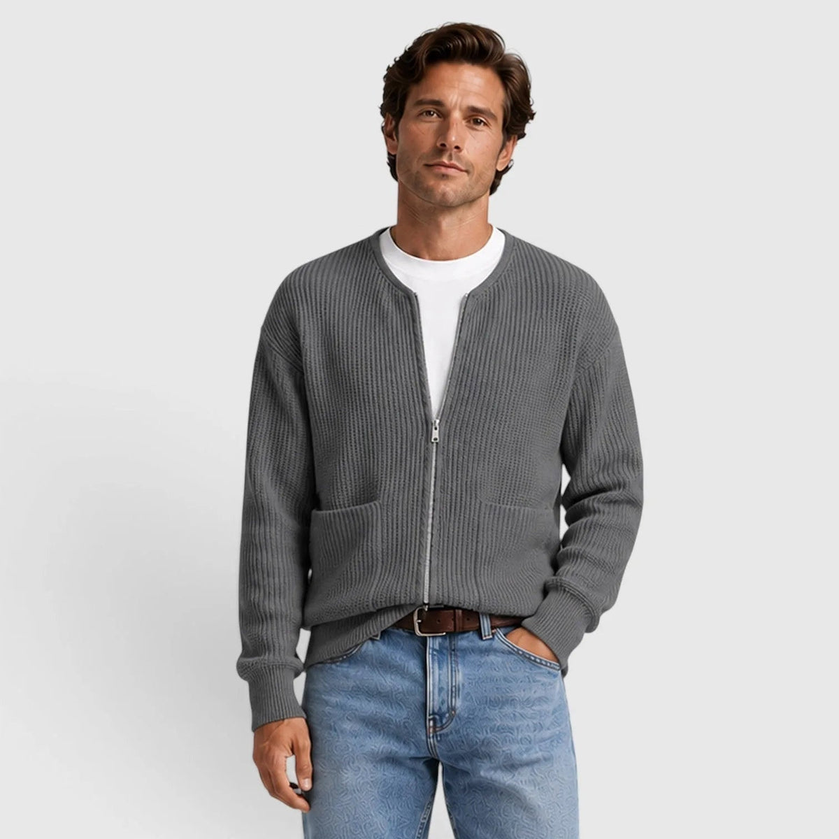 Man wearing gray ribbed knit zip cardigan with white shirt and jeans | Chaps London