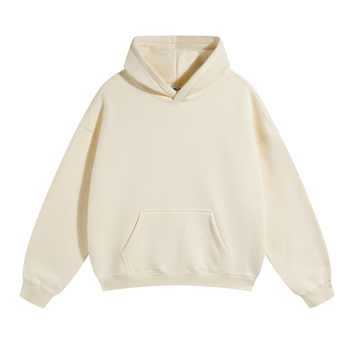 Cream oversized hoodie with kangaroo pocket, lined hood, shown flat | Chaps London
