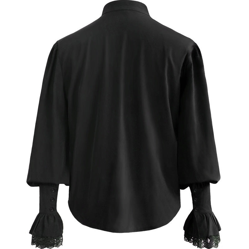 Black ruffled shirt with lace cuffs, shown flat, back view | Chaps London