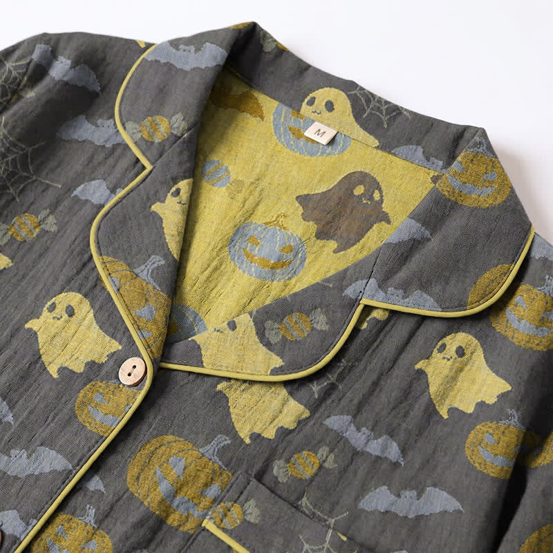 Gray pajama shirt collar with ghost and pumpkin print, green trim, worn | Chaps London