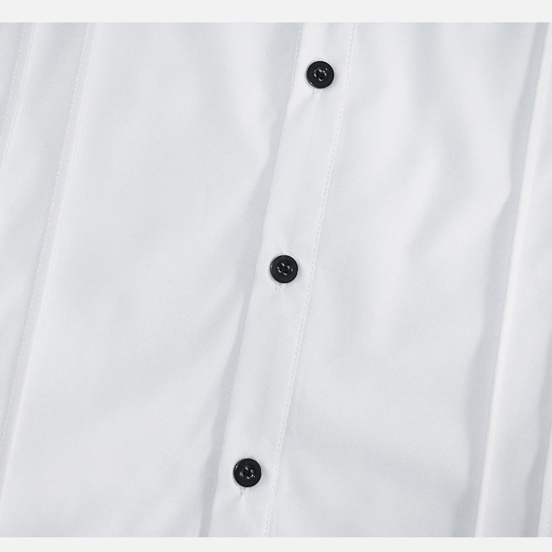 Close-up white shirt with black buttons and vertical pintuck stitching detail | Chaps London