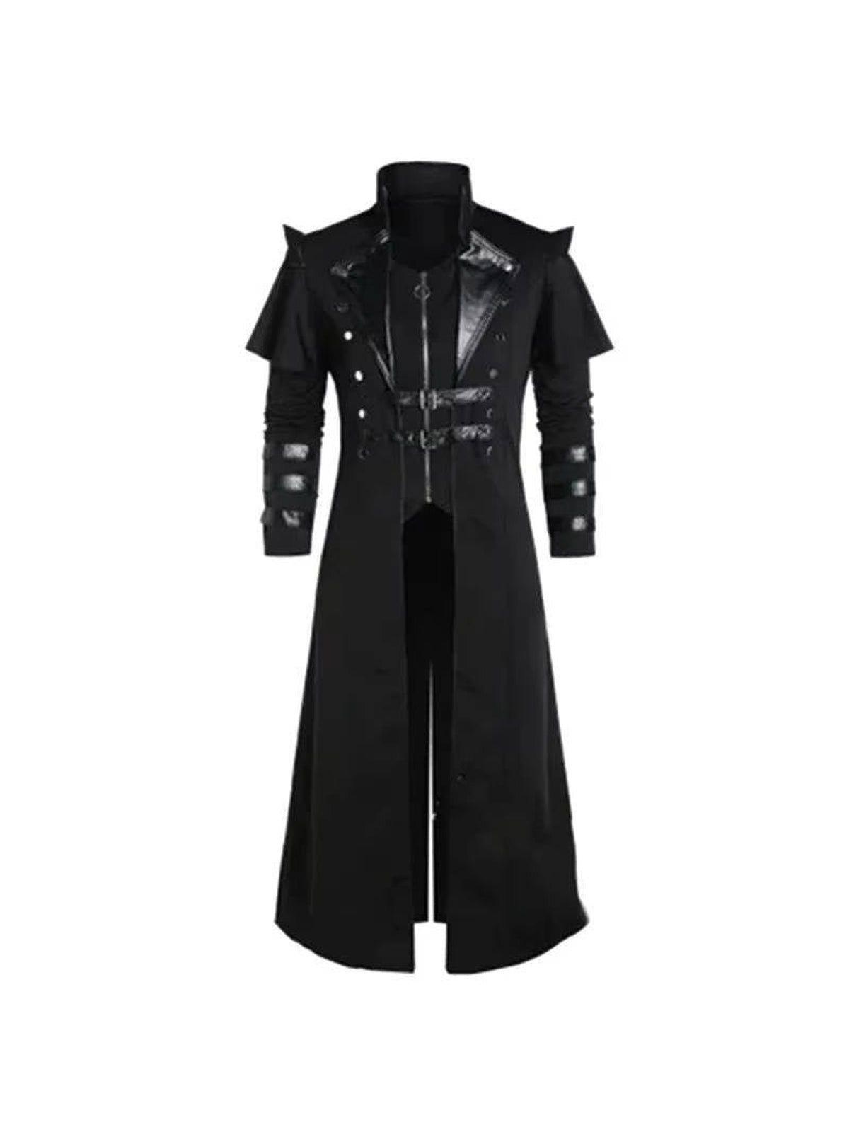 Black gothic coat with buckle straps, front