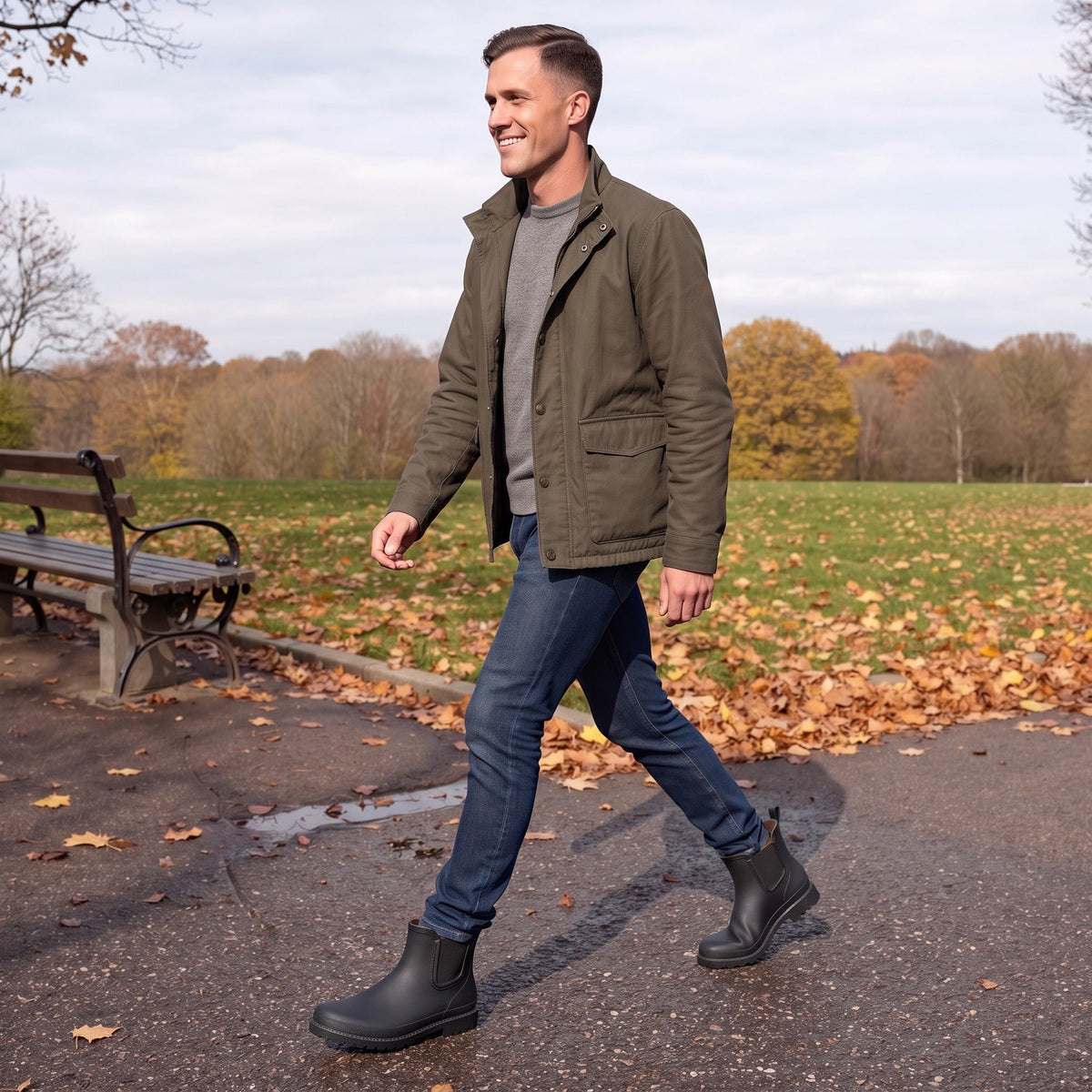 Man walking through an autumn park in black Chelsea wellies, jeans and an olive jacket