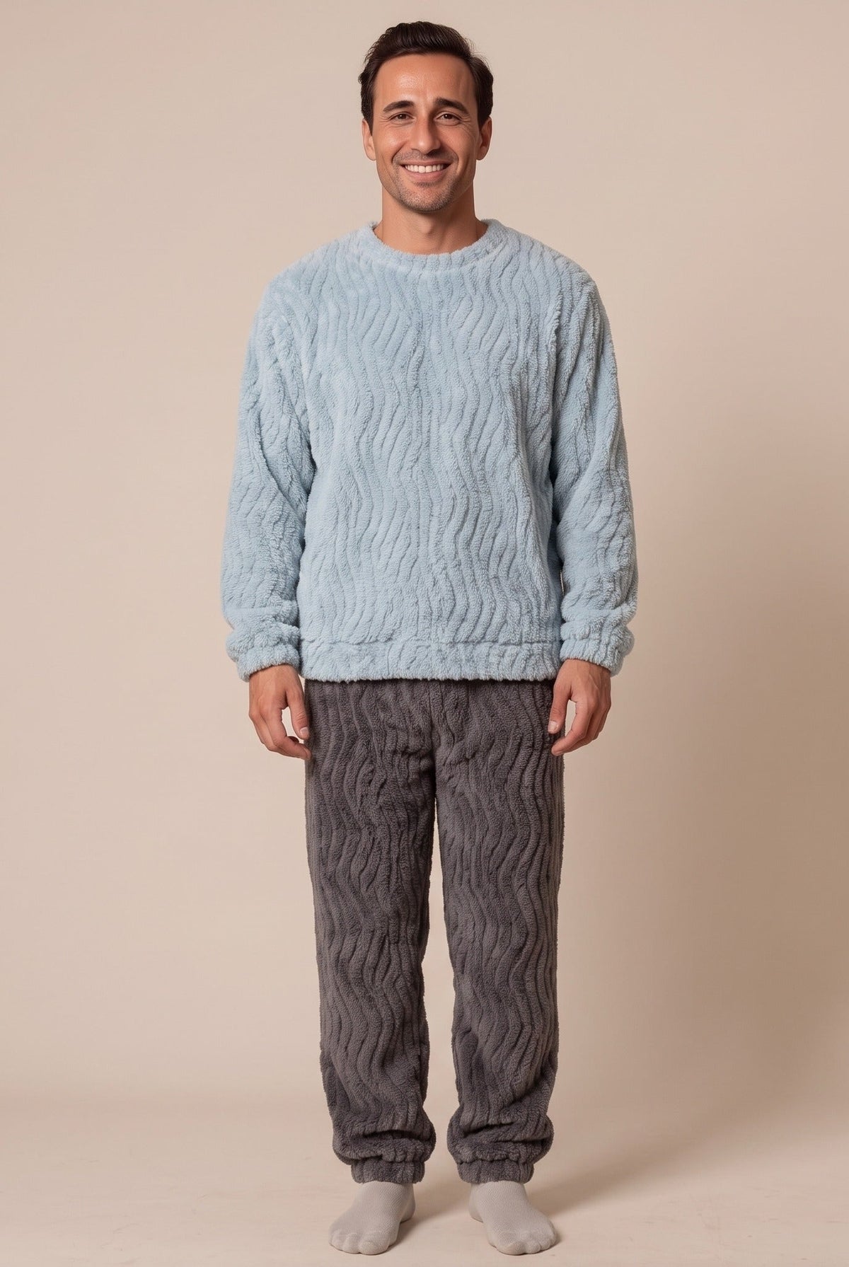 Men's Textured Fleece Pyjamas | Crew Neck Top | 2 Colours