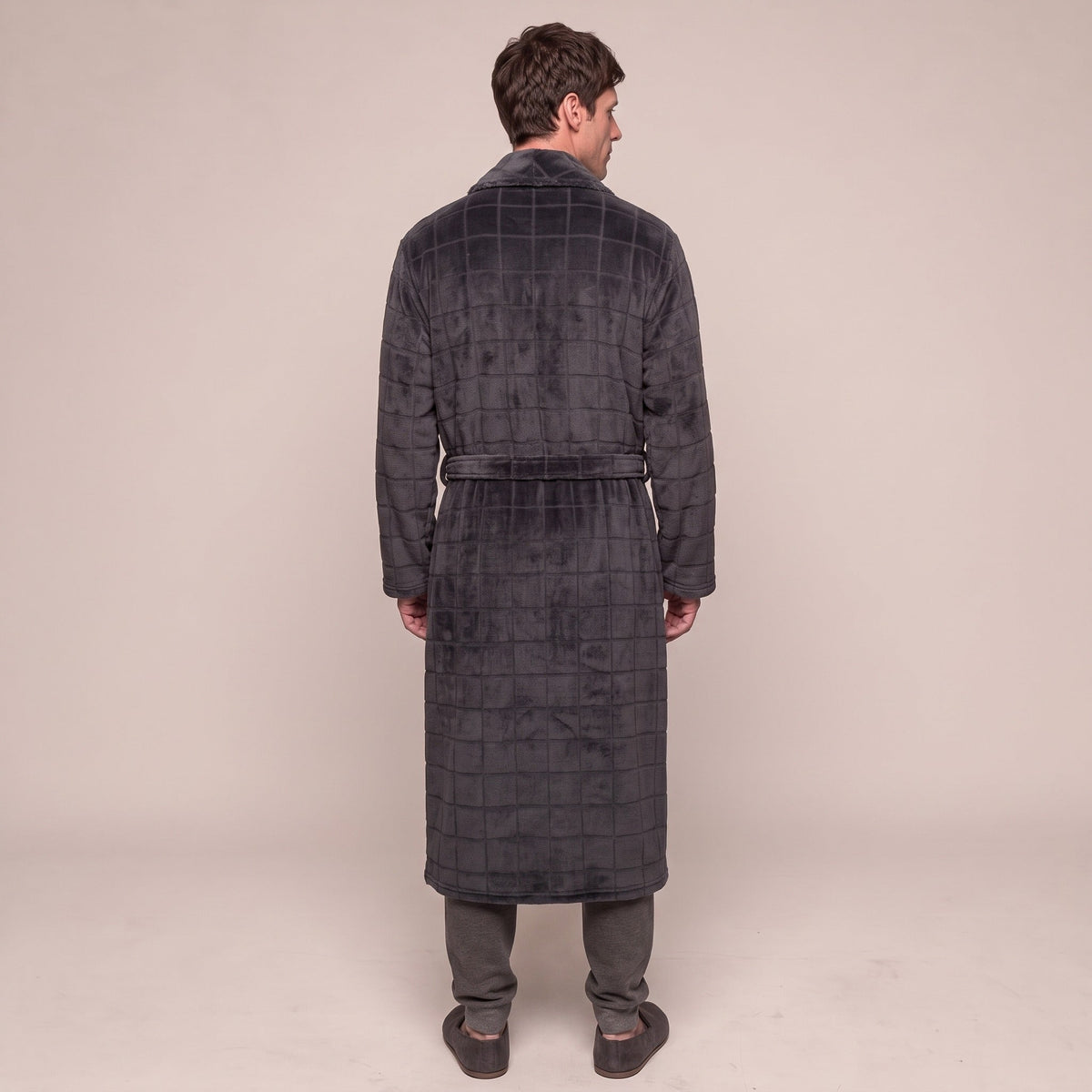 Men's Check Fleece Dressing Gown | Long | Dark Grey