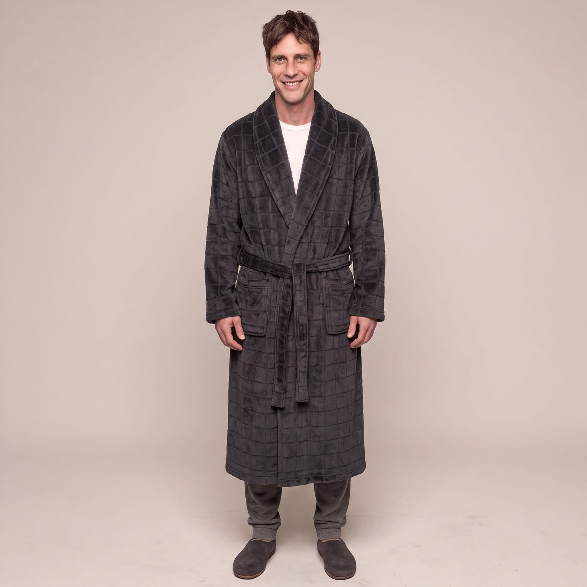 Men's Check Fleece Dressing Gown | Long | Dark Grey