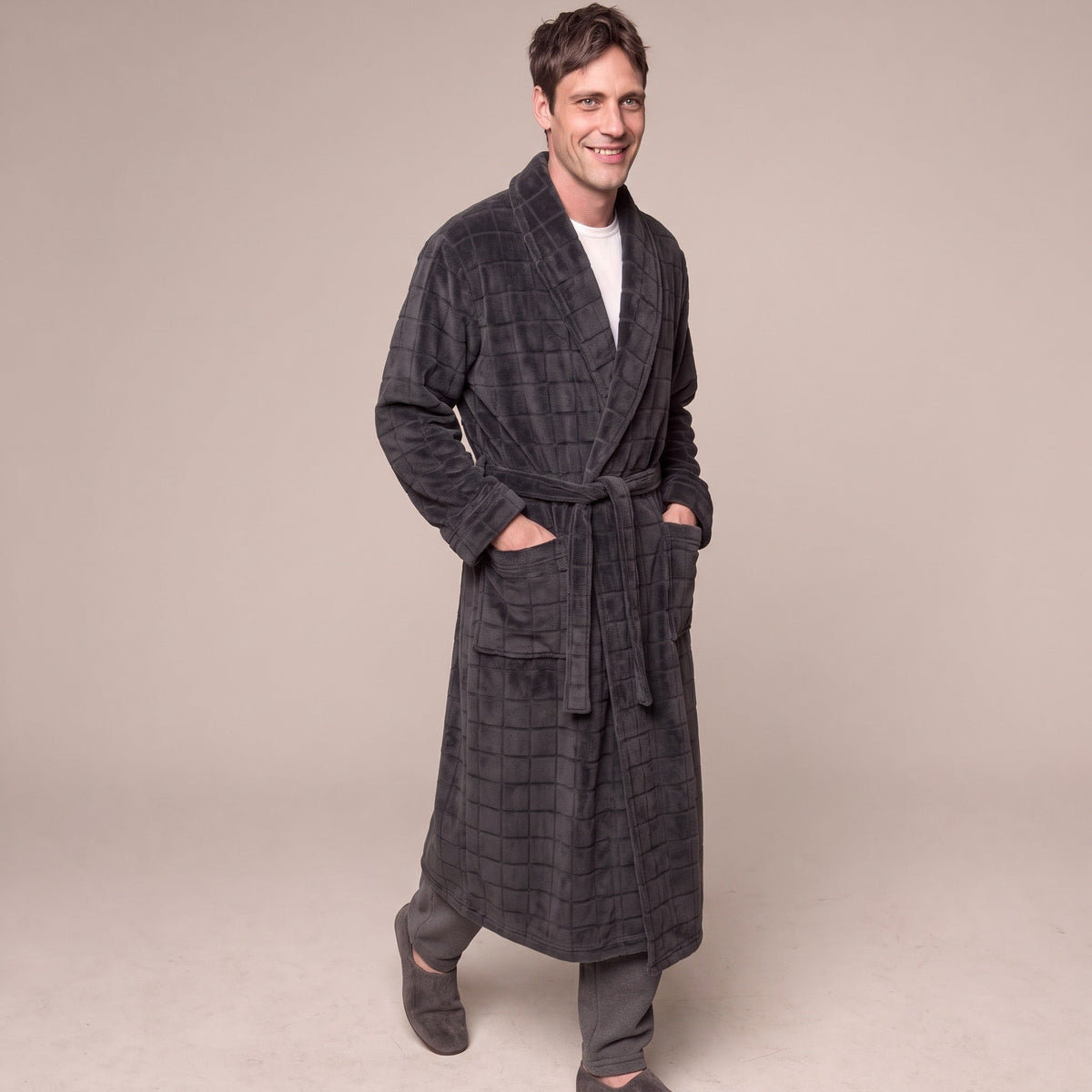 Men's Check Fleece Dressing Gown | Long | Dark Grey