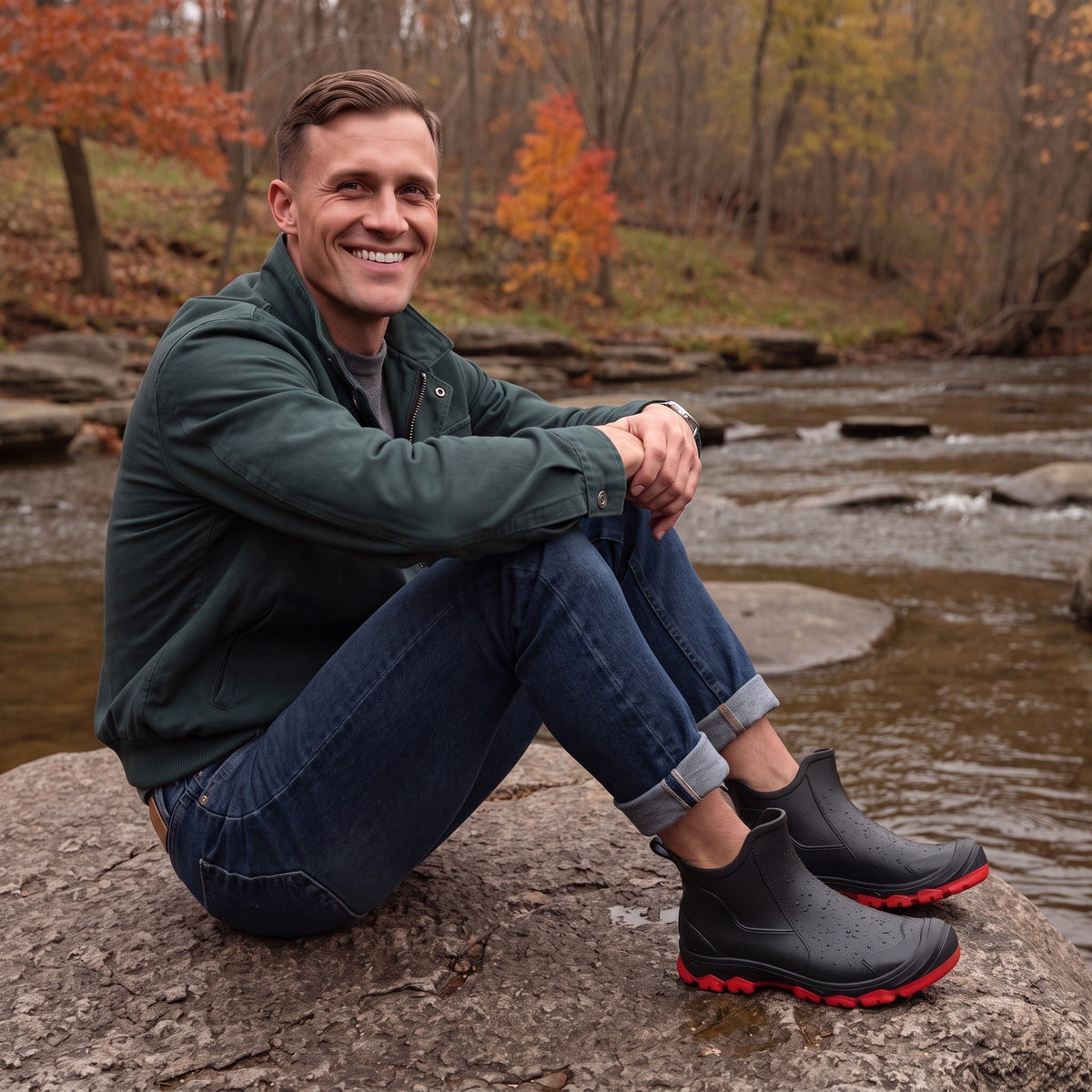 Man wearing black and red short rain boots sitting on rock | Chaps London
