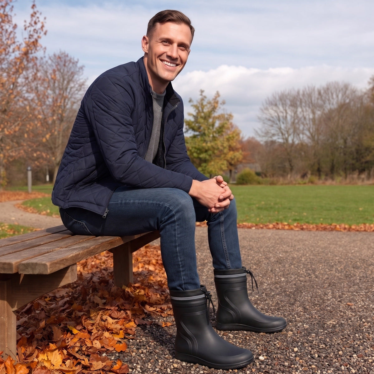 Man wearing black short wellies, seated on bench outdoors in autumn | Chaps London