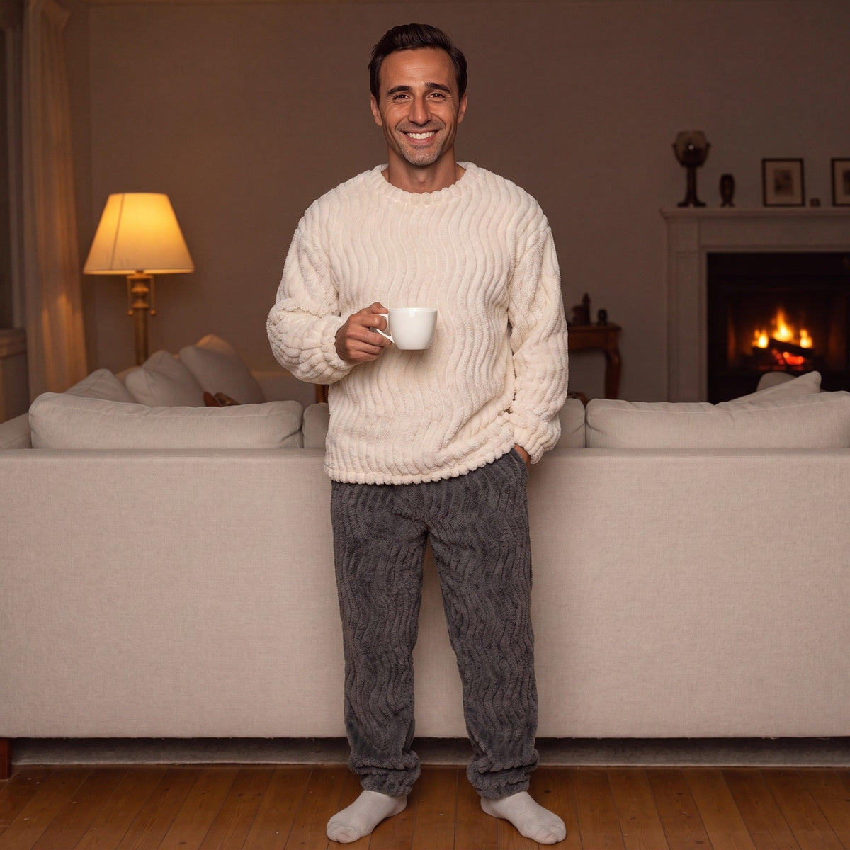 Men's Textured Fleece Pyjamas | Crew Neck Top | 2 Colours
