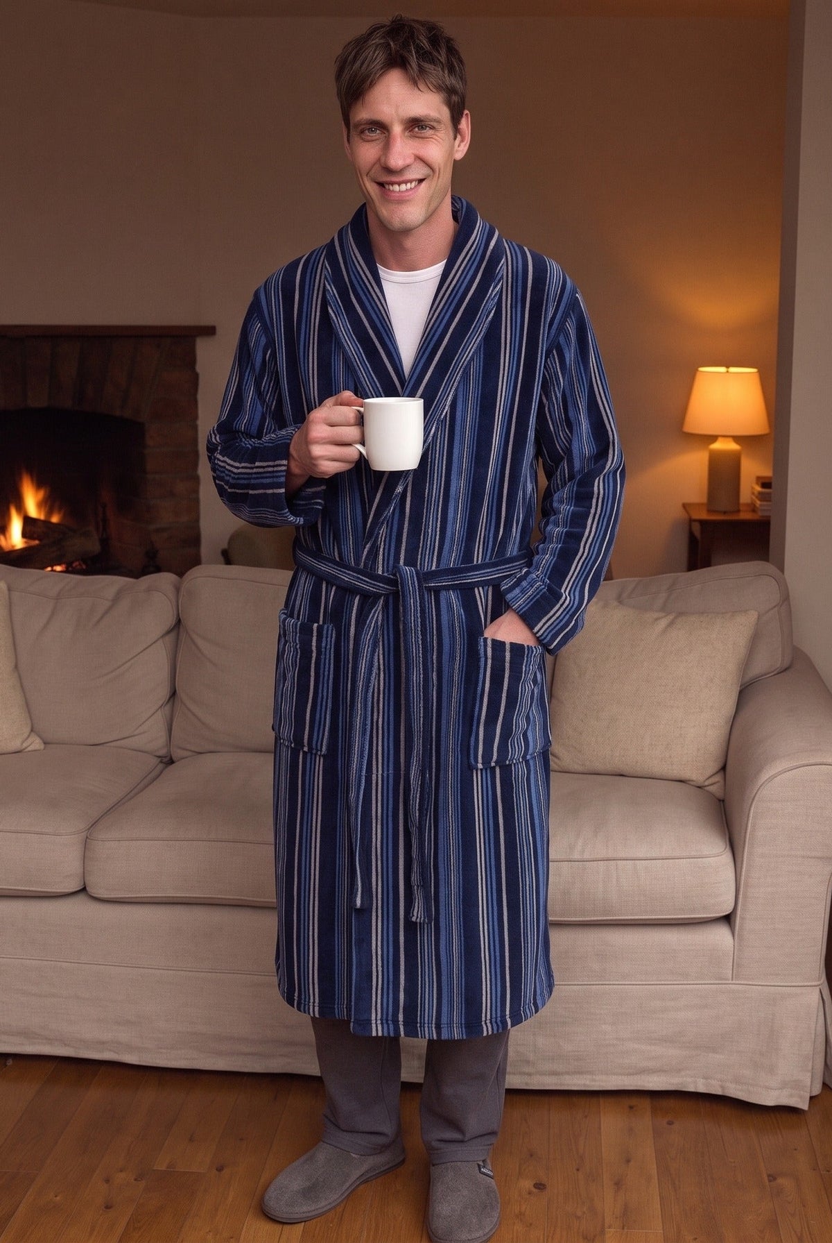 Men's Striped Fleece Dressing Gown | 2 Colours