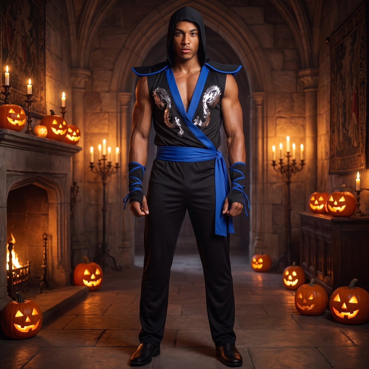 Man wearing black and blue hooded ninja tunic with gauntlets and sash | Chaps London