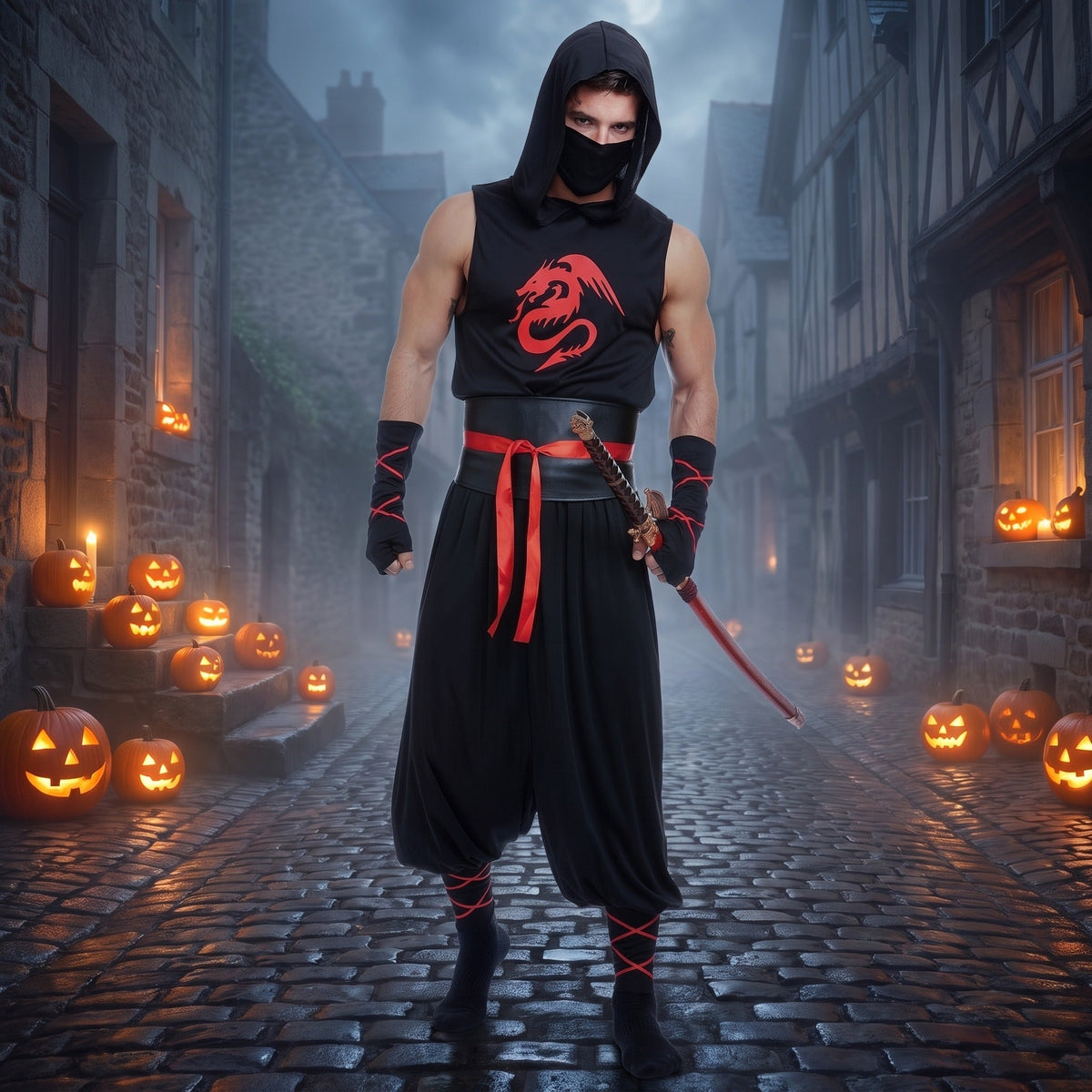 Man wearing black ninja costume with red dragon print on cobblestone street | Chaps London