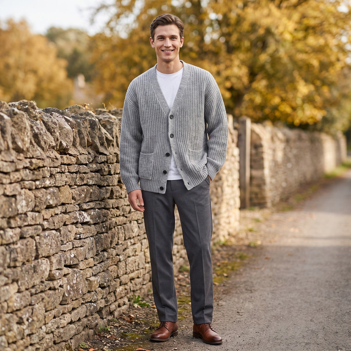 Man wearing grey ribbed knit cardigan with grey trousers on stone pathway | Chaps London