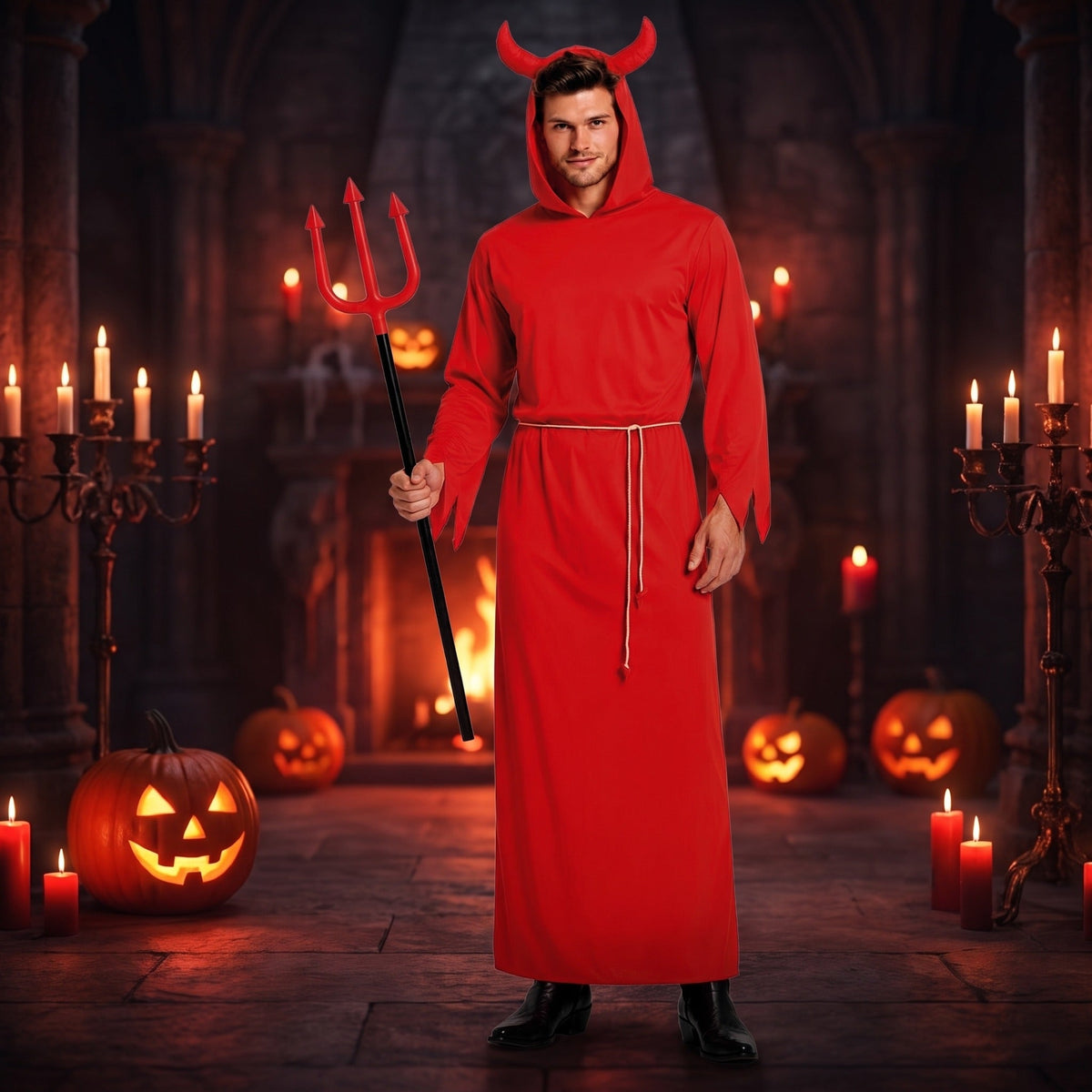 Man wearing red hooded devil costume with horns and trident prop | Chaps London