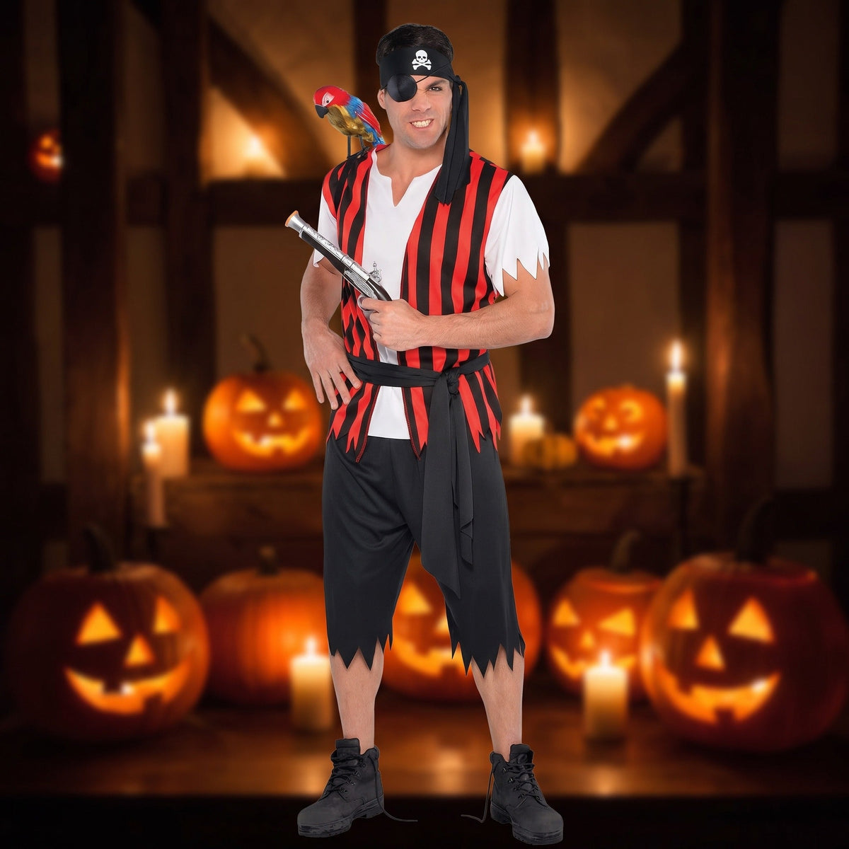 Man wearing red and black striped pirate costume with headscarf and eyepatch | Chaps London