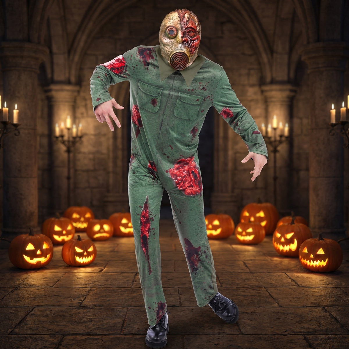 Man wearing green zombie costume jumpsuit with gas mask, bloodstained, worn by person | Chaps London