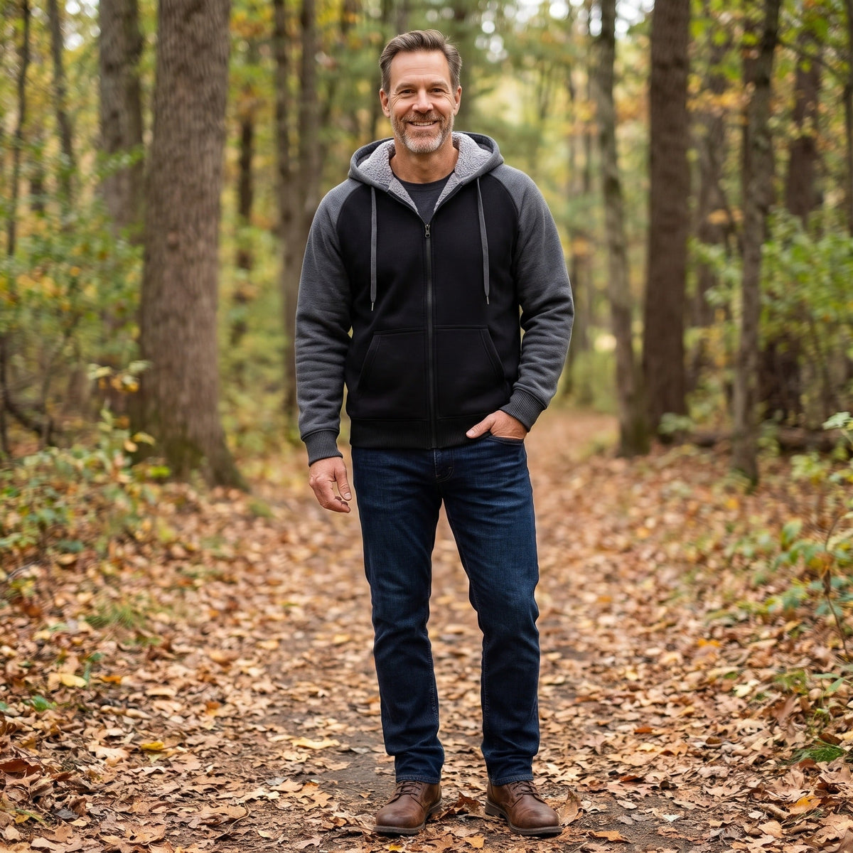 Man wearing black zip hoodie with gray contrast sleeves on trail | Chaps London