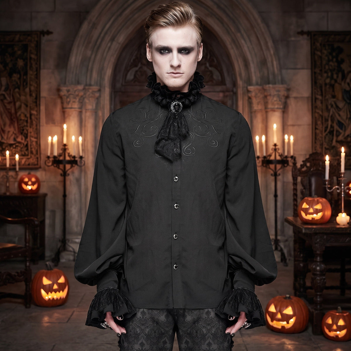 Man wearing black embroidered gothic shirt with lace cravat and brooch | Chaps London