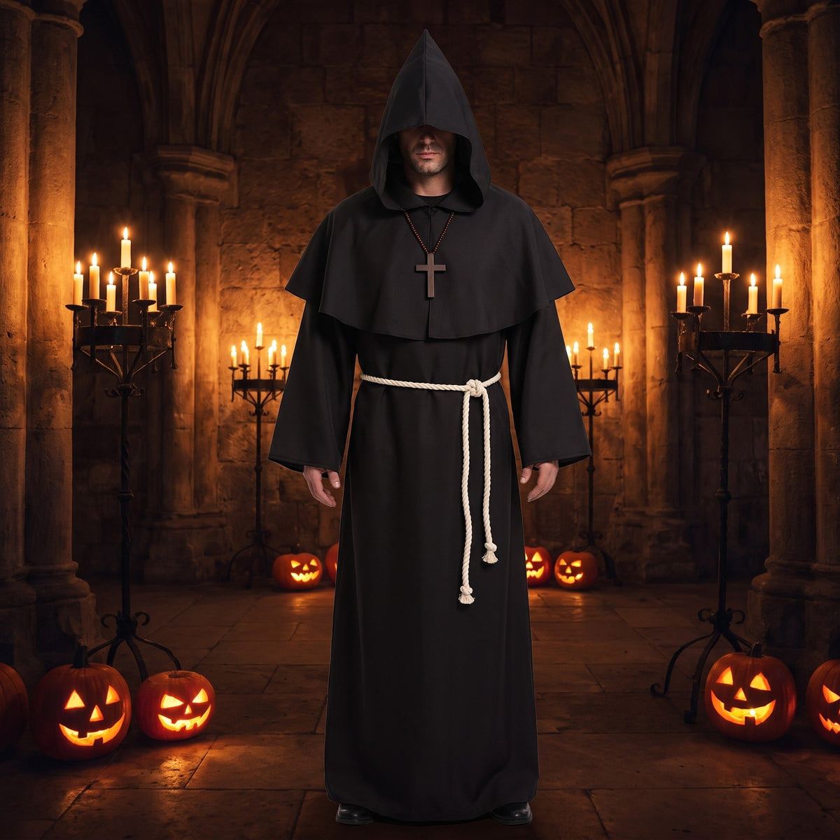 Black hooded monk robe with rope belt worn by man | Chaps London
